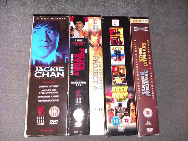 Here are my boxsets:

The Jackie Chan Collection featuring Crime Story, Heart of the Dragon, Dragon Lord and Heromakers (documentary)
The Police Story Collection
The Project A Collection
The Rush Hour Trilogy
Shanghai Noon / Shanghai Knights