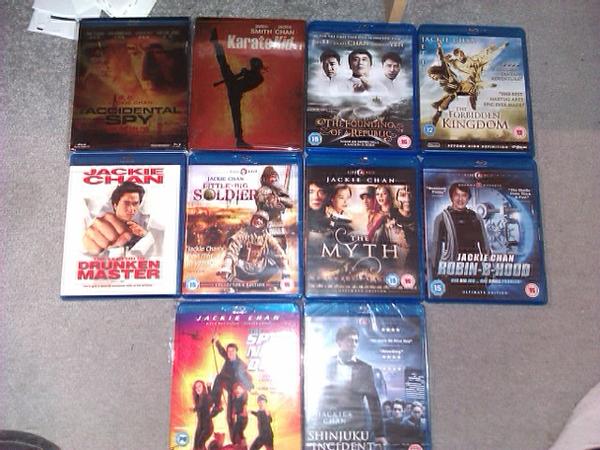 This is my current Blu-ray Collection:

The Accidental Spy
The Karate Kid (Steelbook)
The Founding of a Republic
The Forbidden Kingdom
The Legend of the Drunken Master (AKA Drunken Master 2)
Little Big Soldier
The Myth
Robin-B-Hood
The Spy Next Door
The Shinjuku Incident