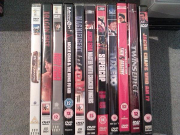 This is the general UK Collection:

Around The World In 80n Days
Dragon Fist
Jackie Chan's First Strike (AKA Police Story 4)
Jackie Chan & The Kung Fu Kid
Magnificent Bodyguards
Master with Cracked Fingers
Supercop
The Tuxedo
Twin Dragons
The Twins Effect