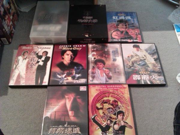 This is my Asian Import Collection, majority containing the Uncut Asian Edits of each film, starting Top Left:

New Police Story (Limited to 5000)
The Twins effect 2 (Limited to 5000)
Rumble in the Bronx
Twin Dragons
Mr Nice Guy
Police Story 3
Thunderbolt
The Accidental Spy
The Medallion (Limited Edition Tin Medallion Case)